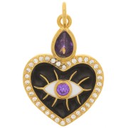 Pendentif coeur motif oeil - résine époxy & oxydes de Zirconium 23x17mm - Doré - Noir - Violet|raw }}