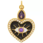 Pendentif coeur motif oeil - résine époxy & oxydes de Zirconium 23x17mm - Doré - Noir - Violet