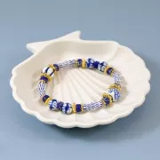 Perles rondes en céramique 10 mm - motif graphique - Blanc - Bleu x4