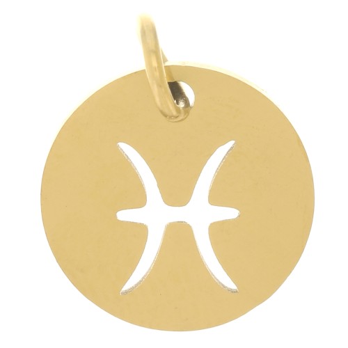 Breloque ronde - signe du zodiaque  Poisson 12 mm - Acier inoxydable 304 Doré x1