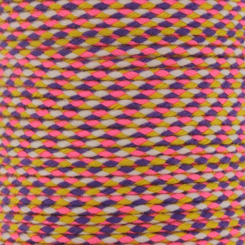 Cordon en coton tressé 2 mm - Rose fluo - Violet - Ocre - Blanc x1m