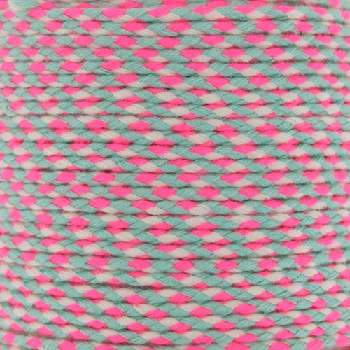 Cordon en coton tressé 2 mm - Rose fluo - Gris - Blanc x1m