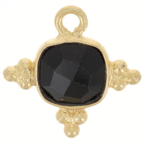 Breloque carrée 13mm en pierre gemme facettée - Doré à l'or fin - Onyx noir x1
