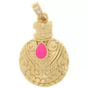 Pendentif ethnique avec résine époxy et oxydes de Zirconium 22x15 mm - Doré - Rose fluo x1