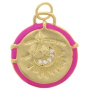 Pendentif rond motif lune avec résine époxy et oxydes de Zirconium 18 mm - Doré - Rose fluo x1