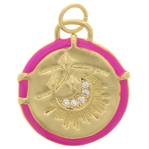 Pendentif rond motif lune avec résine époxy et oxydes de Zirconium 18 mm - Doré - Rose fluo x1