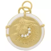 Pendentif rond motif lune avec résine époxy et oxydes de Zirconium 18 mm - Doré - Blanc x1