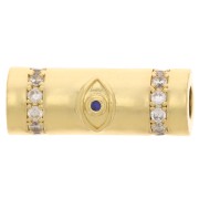 Perle tube avec oxydes de Zirconium 18x8 mm - motif oeil - Doré - Bleu - Crystal x1