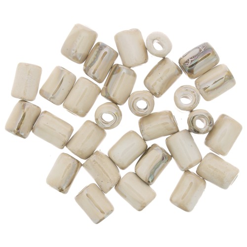 Perles tubes style Heishi en céramique 7x5 mm - Beige marbré irisé x5