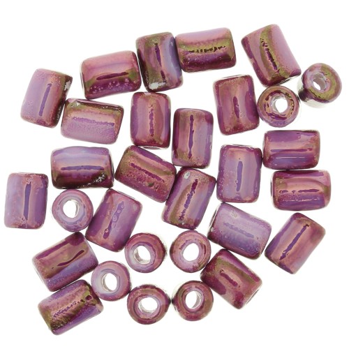 Perles tubes style Heishi céramique 7x5 mm - Fuchsia marbré irisé x5
