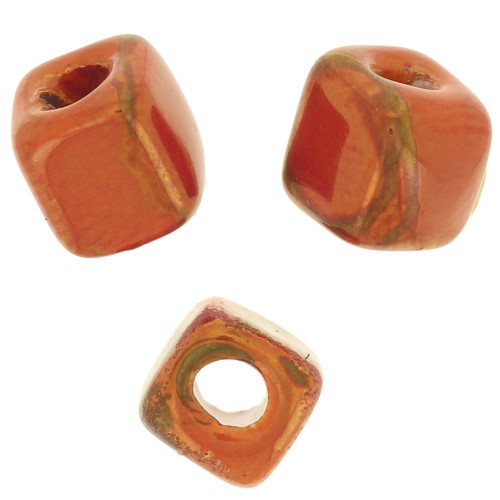 Perles cubes en céramique 5 mm - Orange marbré irisé x5