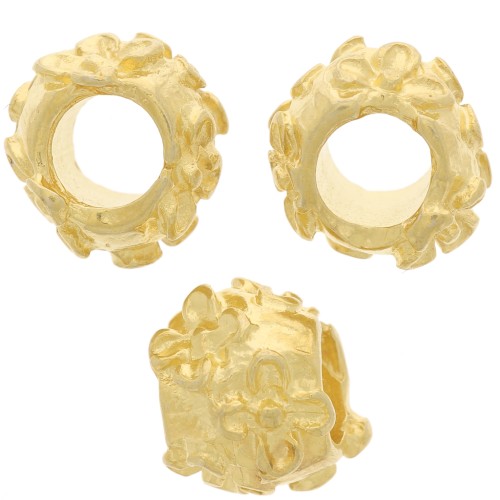 Perle ronde 10 mm - motif fleurs - gros trou - Doré à l'or fin x1