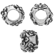 Perle ronde 10 mm - motif fleurs - gros trou - Argenté vieilli x1