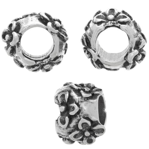 Perle ronde 10 mm - motif fleurs - gros trou - Argenté vieilli x1