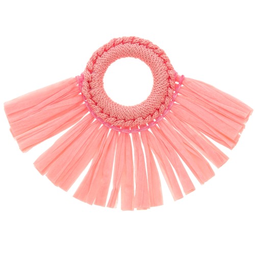 Pendentif éventail avec pompons en raphia 45.5x66 mm - Rose clair x1