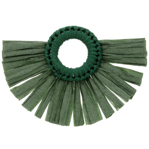 Pendentif éventail avec pompons en raphia 45.5x66 mm - Vert foncé x1