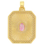 Pendentif plaque texturé 32x20 mm avec cabochon imitation Opale - Rose - Doré x1