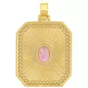 Pendentif plaque texturé 32x20 mm avec cabochon imitation Opale - Rose - Doré x1