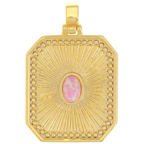 Pendentif plaque texturé 32x20 mm avec cabochon imitation Opale - Rose - Doré x1