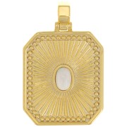 Pendentif plaque texturé 32x20 mm avec cabochon imitation Opale - Blanc - Doré x1