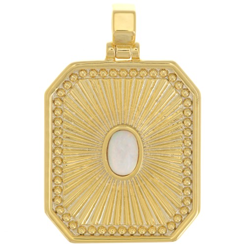 Pendentif plaque texturé 32x20 mm avec cabochon imitation Opale - Blanc - Doré x1