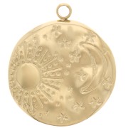 Pendentif rond martelé 16 mm - motif lune & soleil - Acier inoxydable 316L Doré x1|raw }}
