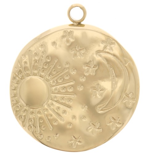 Pendentif rond martelé 16 mm - motif lune & soleil - Acier inoxydable 316L Doré x1