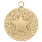 Pendentif rond texturé 14 mm - motif étoile - Acier inoxydable 316L Doré x1|raw }}