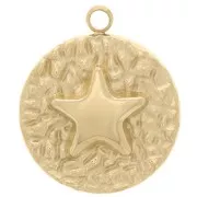 Pendentif rond texturé 14 mm - motif étoile - Acier inoxydable 316L Doré x1