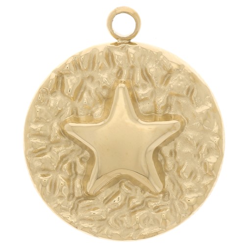 Pendentif rond texturé 14 mm - motif étoile - Acier inoxydable 316L Doré x1