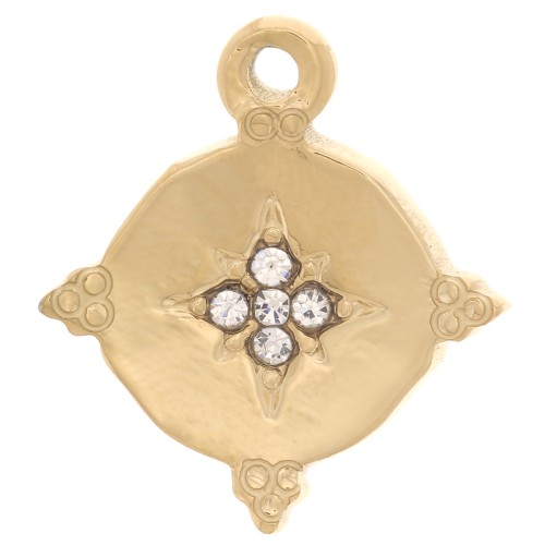 Pendentif rond 18mm motif étoile du nord avec oxydes de Zirconium  - Acier inoxydable 316L Doré