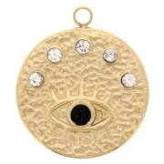 Pendentif rond 15.5 mm motif oeil - Oxydes de Zirconium  - Acier inox 304L Doré x1