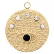 Pendentif rond 15.5 mm motif oeil - Oxydes de Zirconium  - Acier inox 304L Doré x1