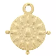 Breloque ronde 15 mm et petites boules - motif soleil - Acier inoxydable 316L Doré