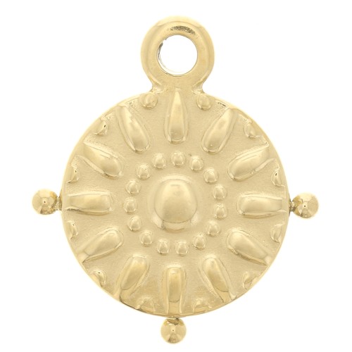 Breloque ronde 15 mm et petites boules - motif soleil - Acier inoxydable 316L Doré