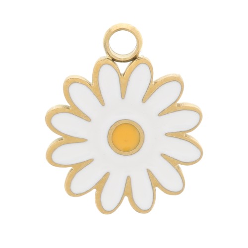 Breloque marguerite 9.5mm avec résine époxy - Acier inoxydable 304 Doré -Blanc x1