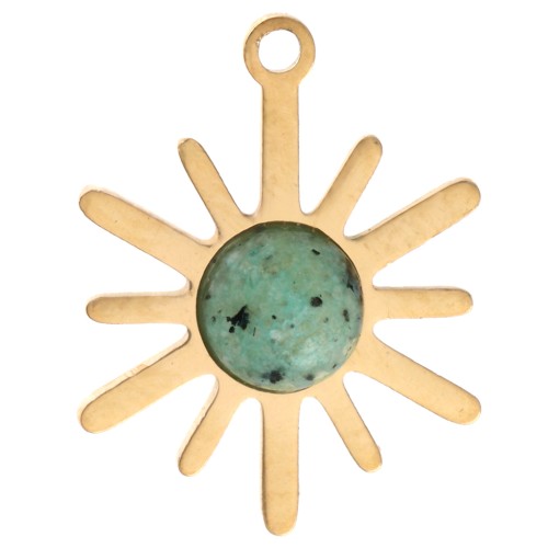 Breloque soleil 13.5x10mm - Acier inox 304 Doré - Turquoise Africaine - Jaspe