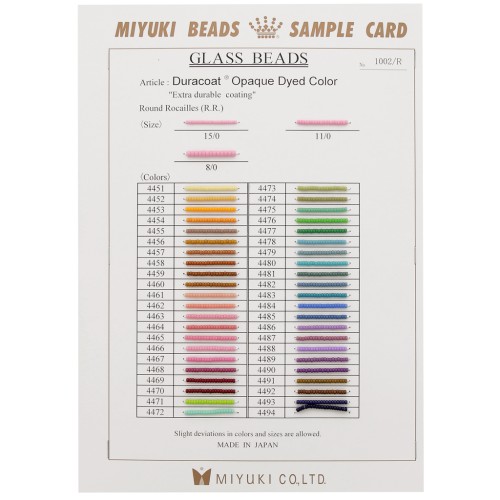 Nuancier Miyuki Rocaille 8/0 11/0 15/0 Sample Card (n°1002) Duracoat Opaque Dyed