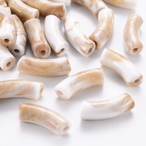 Perles tube incurvé 35x11 mm en acrylique opaque - Marbré Blanc - Marron x6