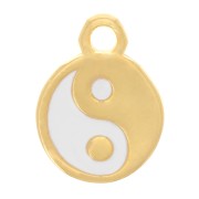Breloque ronde 9 mm avec résine époxy - motif Yin Yang - Doré à l'or fin - Blanc