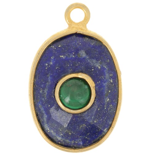 Pendentif ovale facetté 18.5x11.5 mm - Doré à l'or fin - Lapis lazuli - Malachite