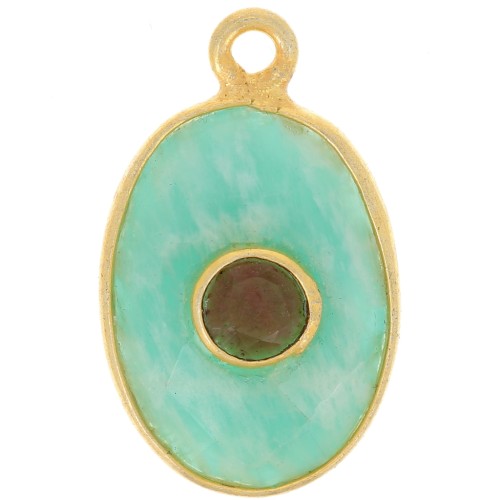 Pendentif ovale facetté 18.5x11.5 mm - Doré à l'or fin - Amazonite - Grenat x1