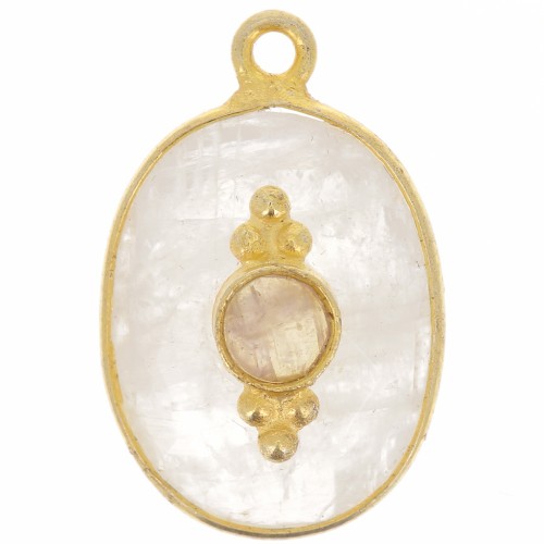 Pendentif ovale facetté 20x13 mm avec serti - Doré à l'or fin - Pierre de lune x1