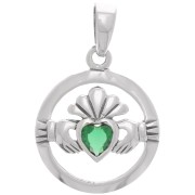 Pendentif rond évidé motif Claddagh avec verre 15 mm - Argent 925 - Emeraude x1|raw }}