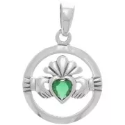 Pendentif rond évidé motif Claddagh avec verre 15 mm - Argent 925 - Emeraude x1