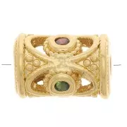 Perle tube évidé travaillé avec oxydes de Zirconium 11x8 mm - Doré - Vert - Orange