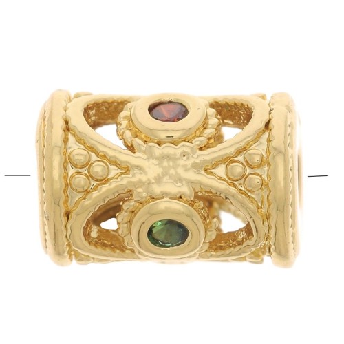 Perle tube évidé travaillé avec oxydes de Zirconium 11x8 mm - Doré - Vert - Orange