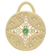 Pendentif rond avec oxydes de Zirconium 18.5 mm - motif étoile - Doré - Vert - Crystal x1|raw }}