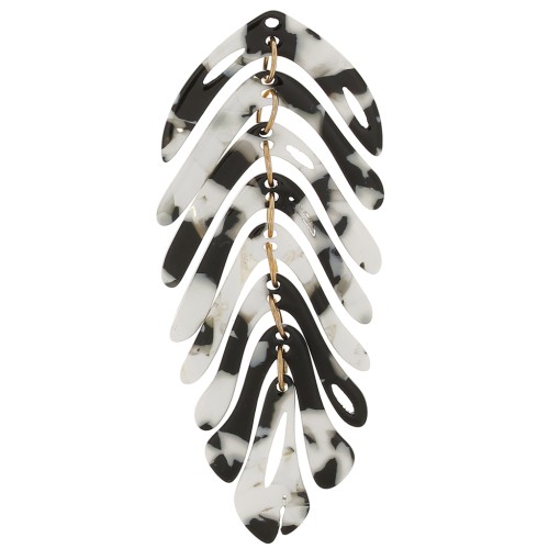 Pendentif feuille 71x28 mm - Ecaille de tortue - Noir - Blanc x1