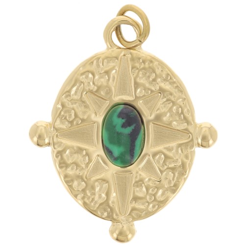 Pendentif ovale 22x18 mm imitation gemme - Acier inox 316L Doré - Malachite x1